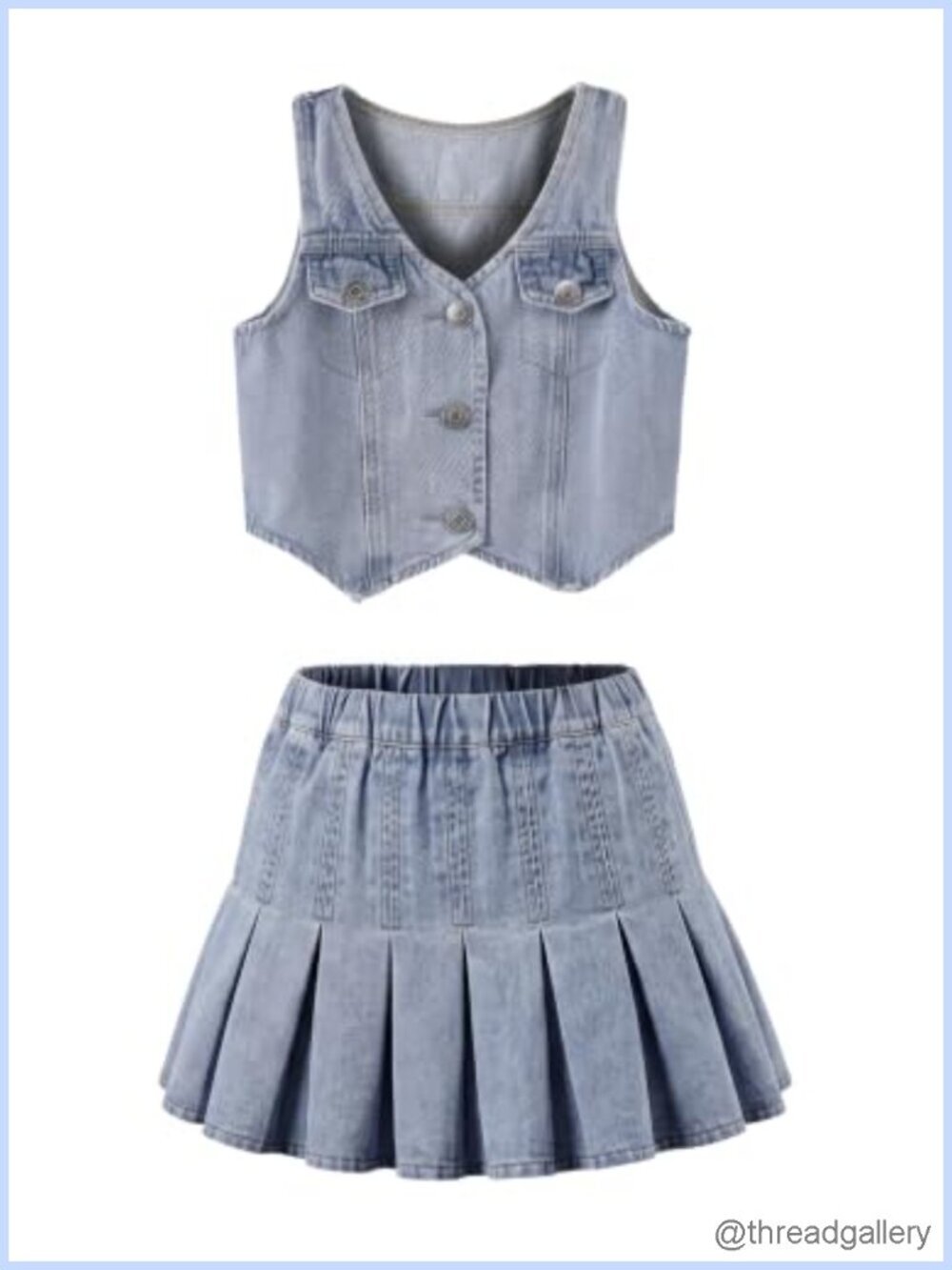 Girls Preppy Denim Vest & Pleated Skirt Set, 2 Piece Outfit, Elastic Waistband,